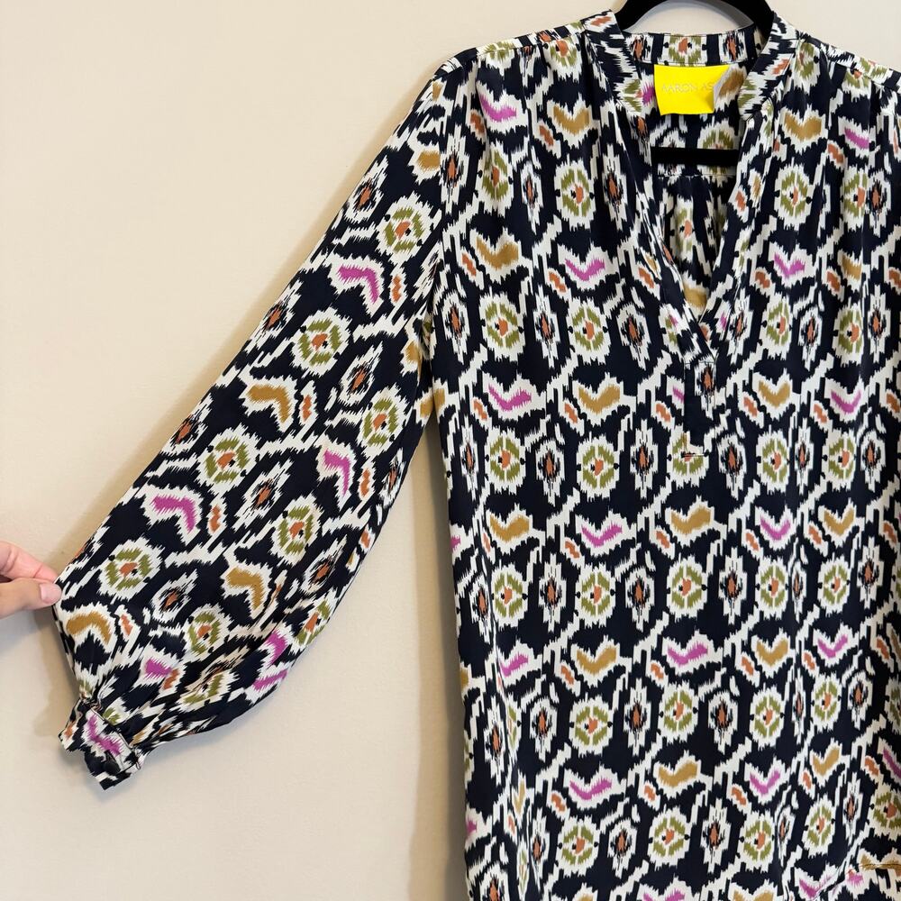Aaron Ashe Tunic Blouse Womens XS Black 100% Silk Geometric Heart Casual USA - Picture 3 of 9